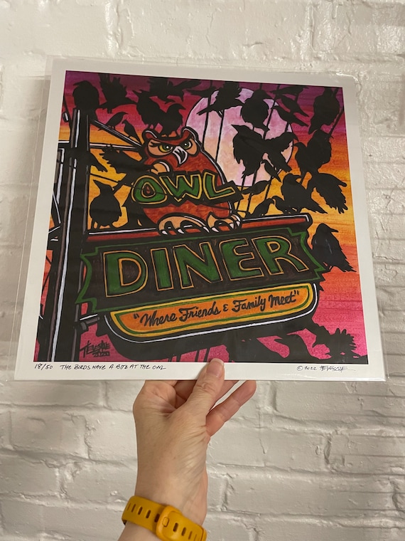 12x12” Lowell Monsters Print The Bitds Have a Bite at the Owl Diner Lowel MA Merrimack Valley Monster Print by Tracy Levesque