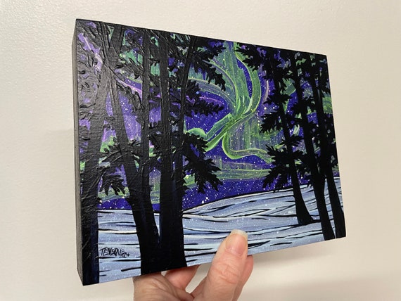 6x8" Northern Lights Aurora Borealis Evergreens Night Sky Painting by Tracy Levesque
