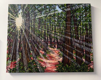 Light Beaming through the Forest Trees Landscape Painting by Tracy Levesque (24x30”)