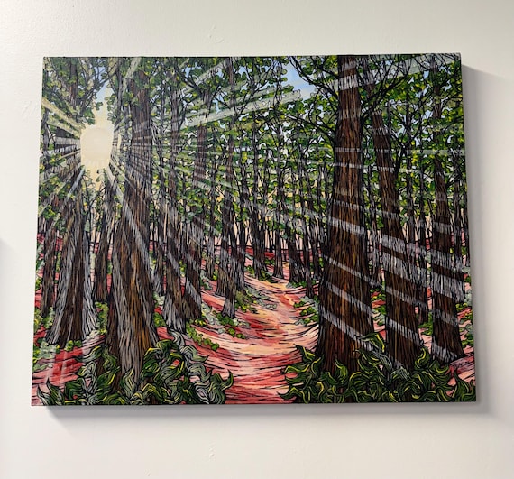 Light Beaming through the Forest Trees Landscape Painting by Tracy Levesque (24x30”)