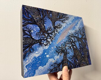 Iridescent Shooting Star Night Sky Tree Painting by Tracy Levesque (8x10”)