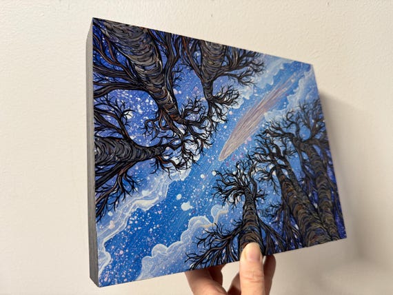 Iridescent Shooting Star Night Sky Tree Painting by Tracy Levesque (8x10”)