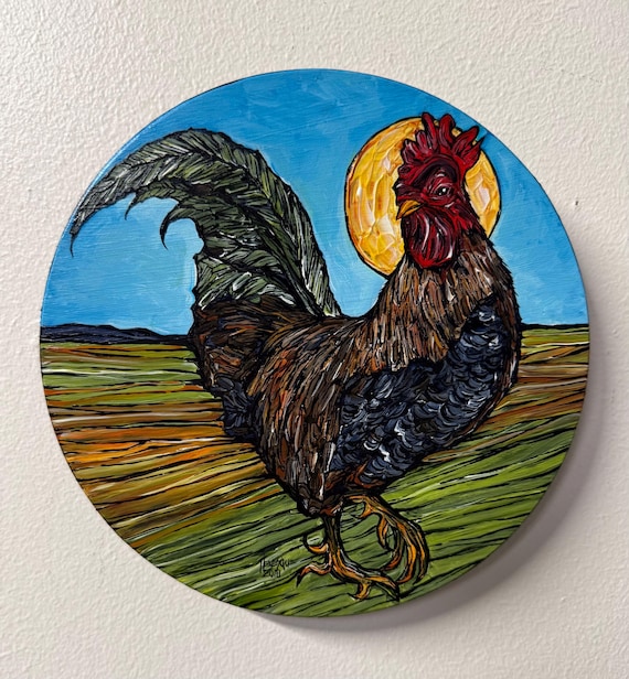 8” Round Morning Glory Rooster Chicken Painting by Tracy Levesque