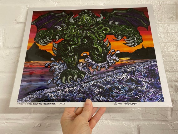 11x14” Lowell Monsters Print Cthulhu Rises Over the Merrimack HP Lovecraft Cthulhu Monster Print by Tracy Levesque