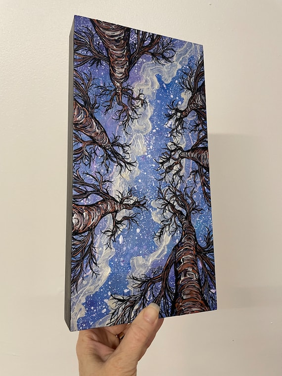 6x12” Milky Way Looking Up the Trees Night Sky Beyond the Clouds of Night original painting by Tracy Levesque