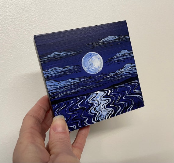 4x4” Blue Moon Over Ocean Seacape  Painting by Tracy Levesque