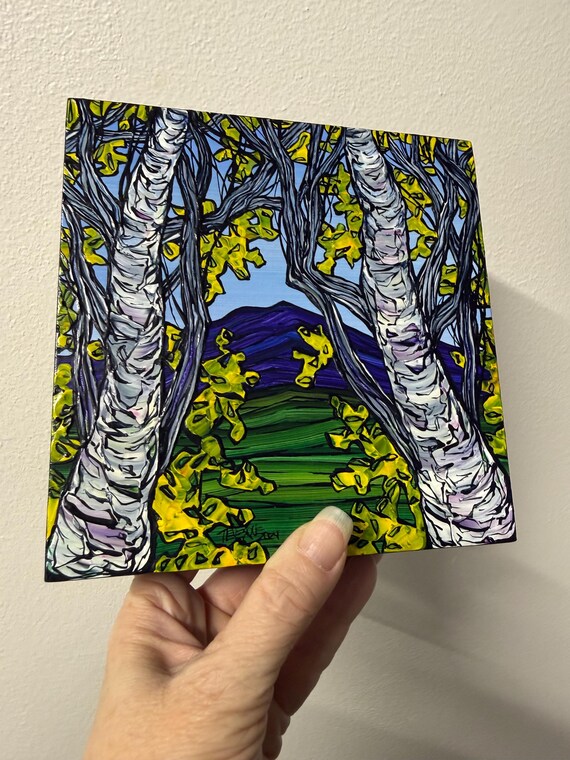 Spring Birch Mountain Scene: 6x6 Original Acrylic Painting on Wood