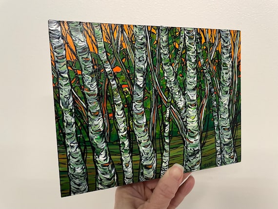 6x8” Orange Birch Forest Autumn Birch Fall Trees original acrylic painting by Tracy Levesque