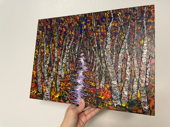 12x16” Fall Colors Birch Path Tree painting by Tracy Levesque