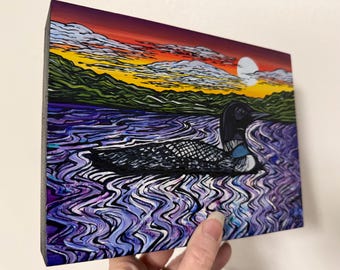 Chromatic Loon on Lake: acrylic painting (6x8”)
