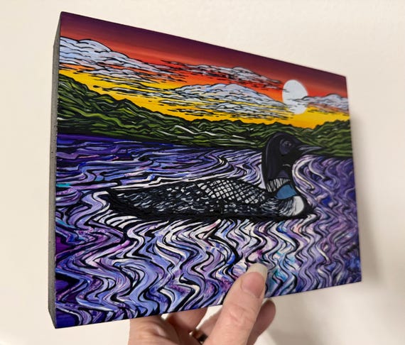 Chromatic Loon on Lake: acrylic painting (6x8”)