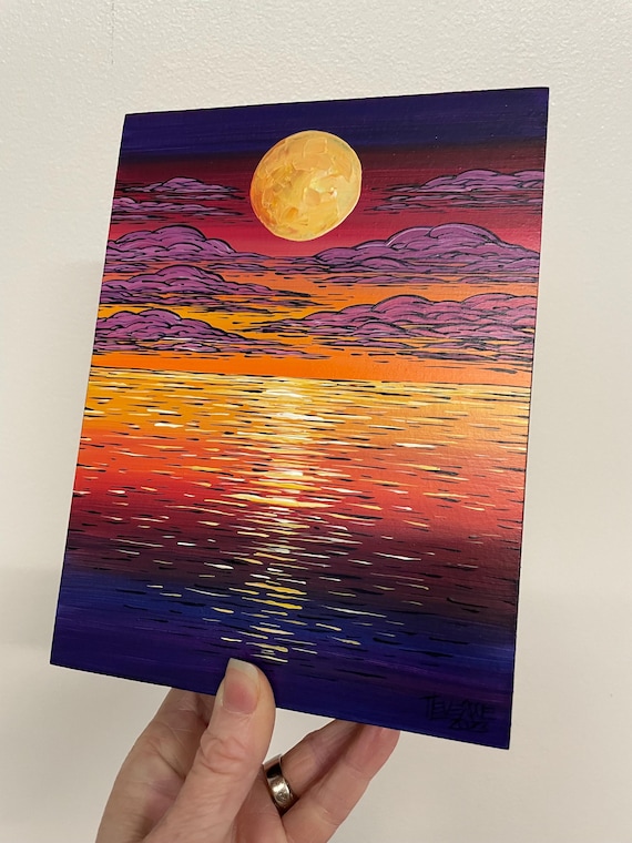 6x8” Summer Stillness Colorful Seascape acrylic painting by Tracy Levesque
