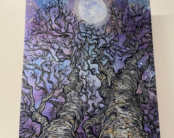12x16” Nocturnal Moon Dreams Shimmering Iridescent Night Sky Moon original acrylic painting by Tracy Levesque