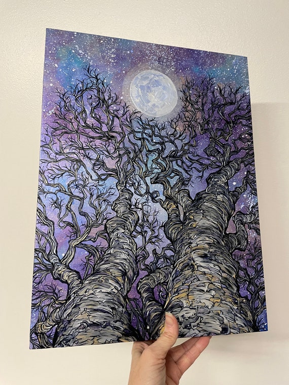 12x16” Nocturnal Moon Dreams Shimmering Iridescent Night Sky Moon original acrylic painting by Tracy Levesque