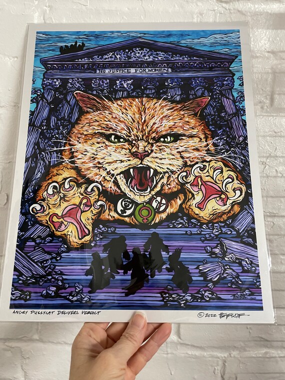 11x14” Feminist Resist Cat Monster Print Angry Pussycat Delivers Verdict to the High Court Monster Print by Tracy Levesque