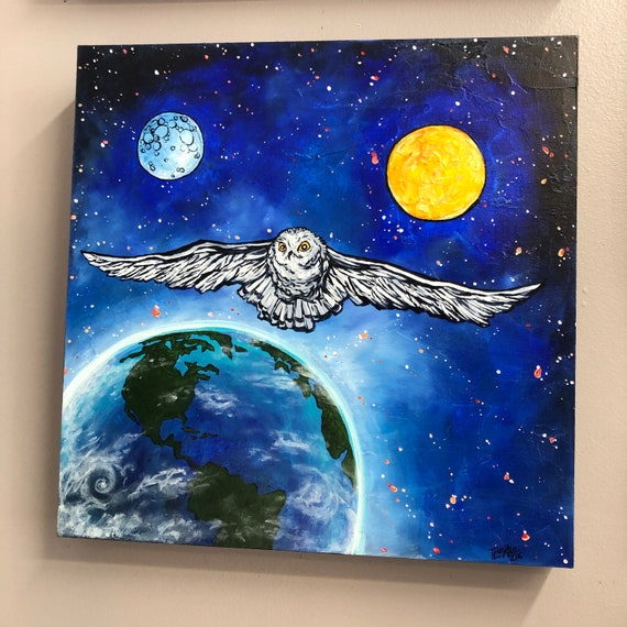 Cosmic Owl, 16x16" Original Acrylic Painting by Tracy Levesque