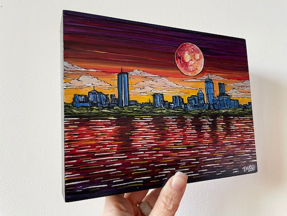 6x8” Rainbow Boston Skyline Cityscape original acrylic painting by Tracy Levesque