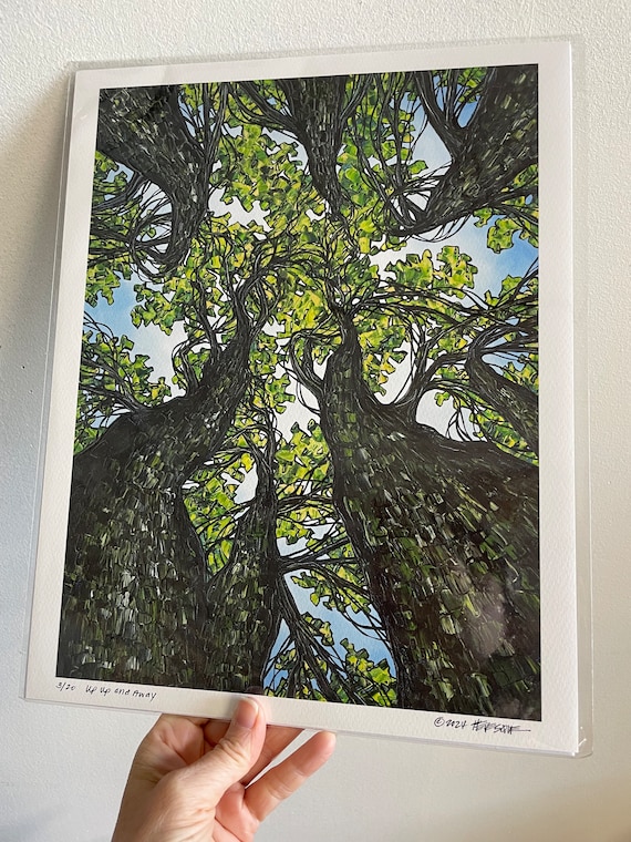 11x14” Giclee print of Up, Up and Away Looking Up The Trees Summer Green Trees Nature Lover print by Tracy Levesque