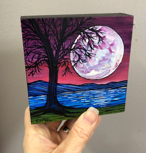 4x4” Tranquil Full Moon original acrylic painting by Tracy Levesque