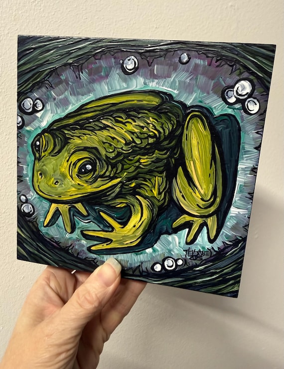 6x6" Green Frog on Lily Pad original acrylic painting on wood by Tracy Levesque