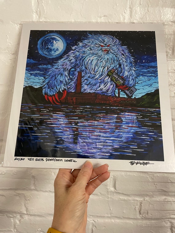 12x12” Lowell Monsters Print Yeti Eats Downtown Lowell Merrimack Valley Lowell Mills Valley Monster Print by Tracy Levesque