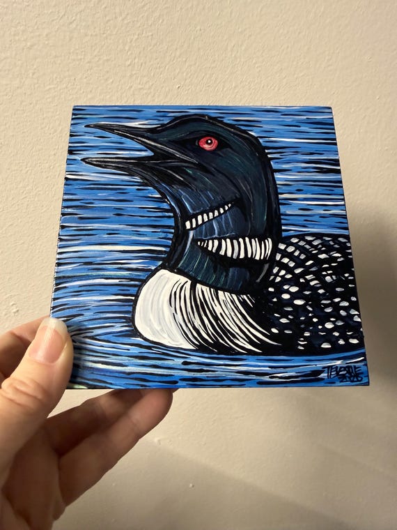 5x5” Singing Loon painting by Tracy Levesque