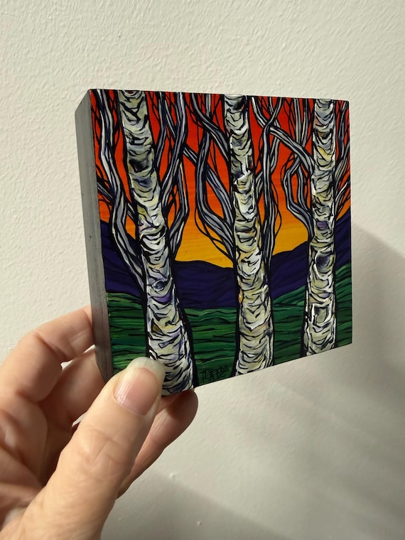 4x4” Red Sky Birch Tree painting by Tracy Levesque