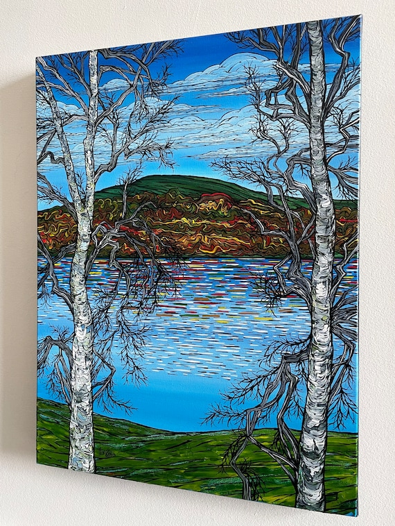 18x24” The Berkshires Lake Mahkeenac Stockbridge Bowl Massachusetts New England Fall Foliage Birch Tree Painting by Tracy Levesque