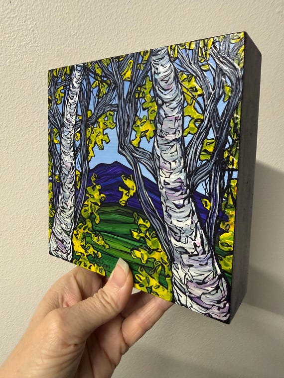 6x6" Gorgeous Spring Birch Mountain Scene original acrylic painting on wood by Tracy Levesque