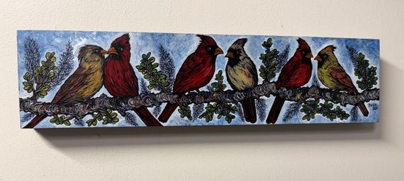 6x24” Northern Cardinal Couples Sharing a Branch Cardinal Painting Bird Painting Original Art by Tracy Levesque
