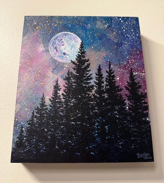 Mystical Night Sky Moon Tree Iridescent Acrylic Painting: 10x12" Original Art
