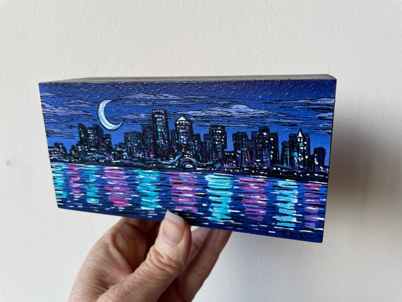 3x6” Little Cityscape Boston Skyline painting by Tracy Lévesque