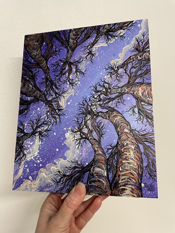 8x10” Looking Up at the Night Sky Cradle of Chaos Milky Way Tree Iridescent Painting by Tracy Levesque