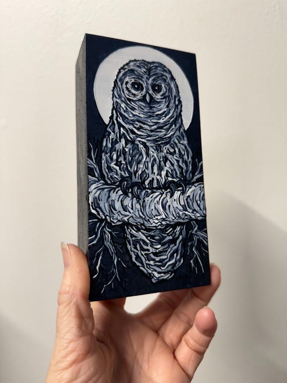 Moonlit Barred Owl 3x6” Painting by Tracy Levesque