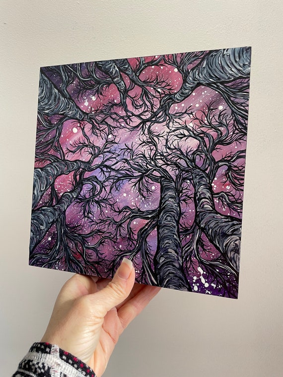 8x8 Violet Cosmic Trees Looking Up into the Night Sky Trees painting by Tracy Levesque