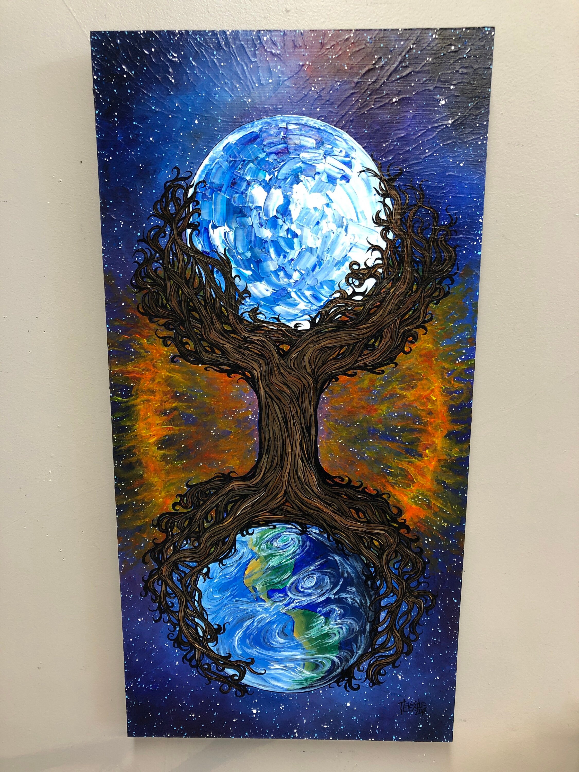 The Cosmic Tree of Life 15x30” original acrylic painting on wood by