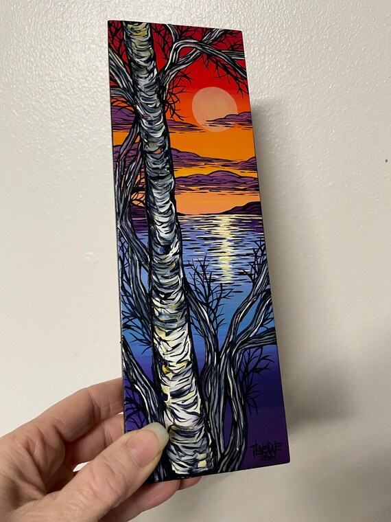 3x9" Red Sunset Sky Birch on the Lake Mountain Scene Painting by Tracy Levesque