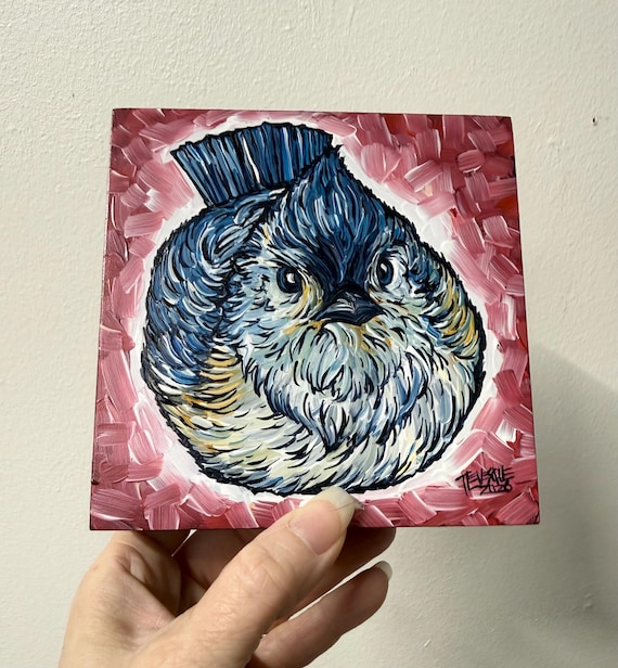 Tufted Titmouse Flying Bird Painting by Tracy Levesque (5x5”)