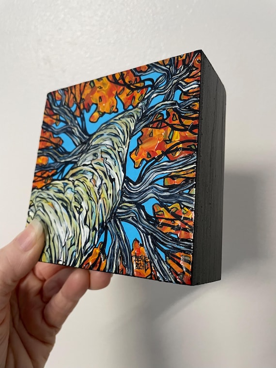 4x4" Tall in the Fall Looking Up the Autumn Birch Tree painting by Tracy Levesque