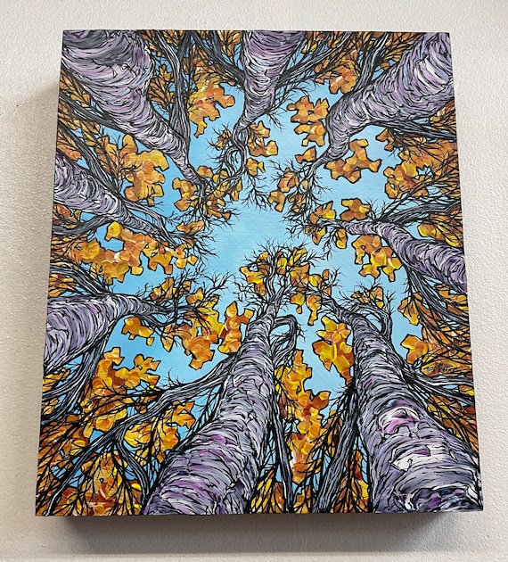 10x12” Looking Up at the Fall Trees Hammock View Orange Fall Birch Trees original painting by Tracy Levesque