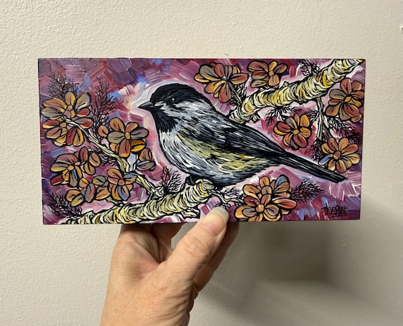 4x8” Black Capped Chickadee Painting by Tracy Levesque