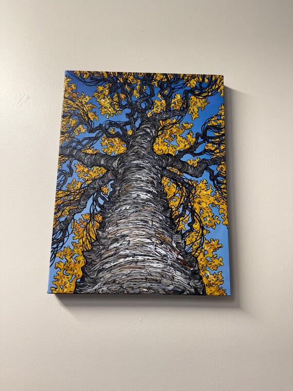 Yellow Birch Tree Acrylic Painting, Autumn Landscape Art (18x24")