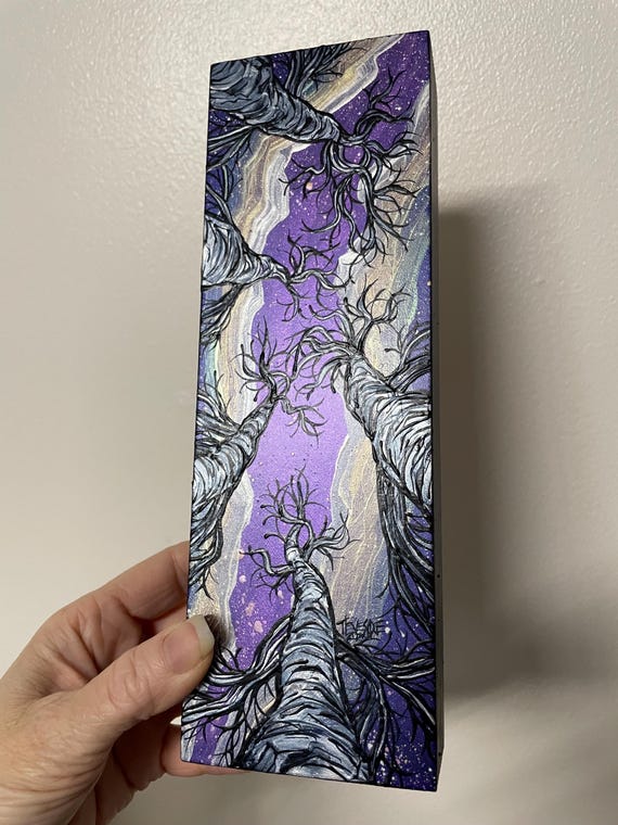 3x9" Iridescent Night Sky Looking Up the Trees at the Milky Way Painting by Tracy Levesque