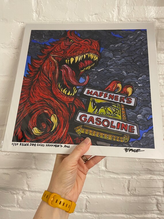 12x12” Lowell Monsters Print Killer Dino Kicks Haffners Merrimack Valley Monster Print by Tracy Levesque