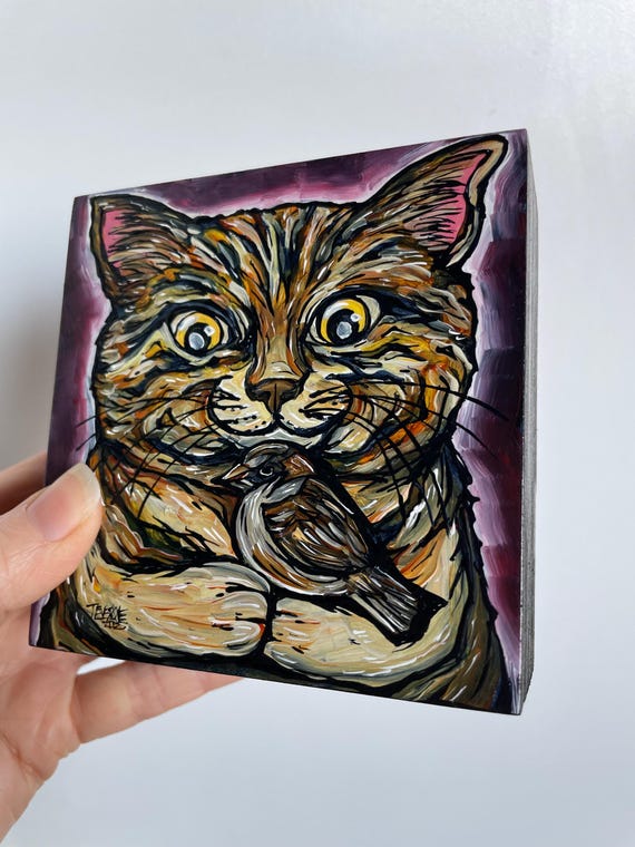 4x4” Sweet brown tabby cat holding a sparrow happy cat painting by Tracy Levesque
