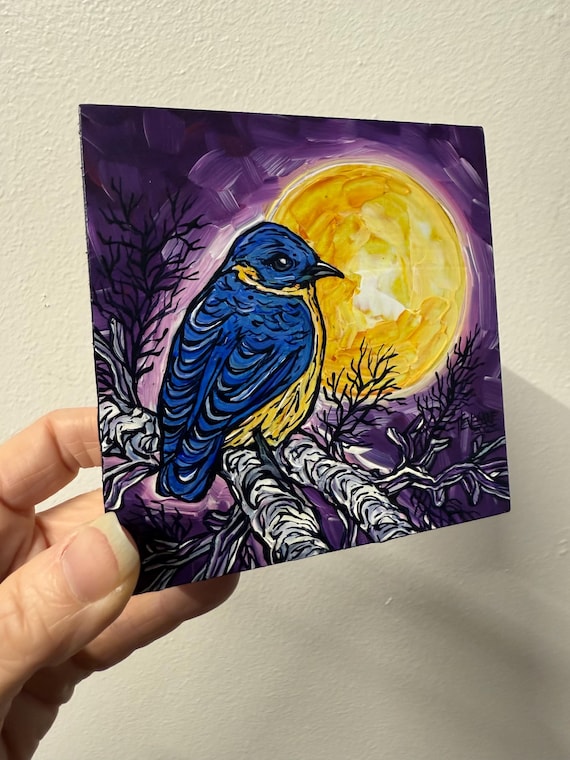 Moonlit Bluebird Painting: Original Acrylic Bird Art, 4x4"