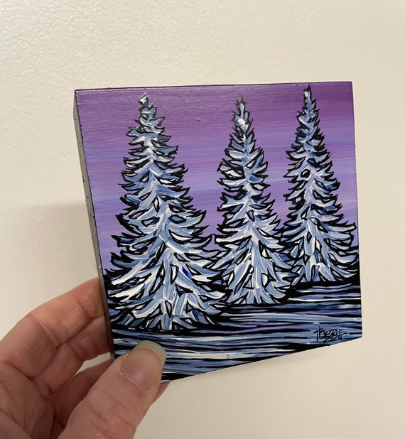 4x4" Snow Trees Evergreens Winter Scene painting by Tracy Levesque