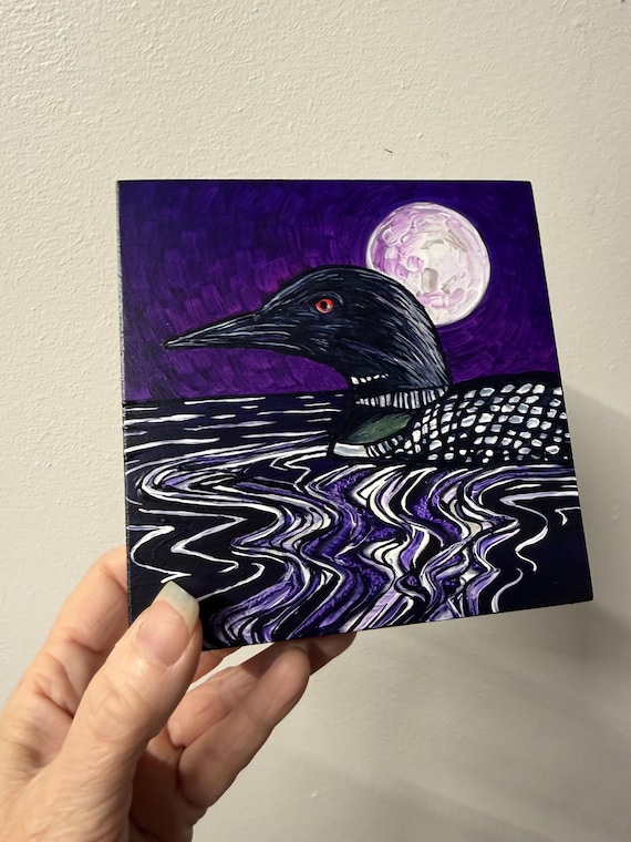 5x5” Lunar Loon acrylic painting by Tracy Levesque
