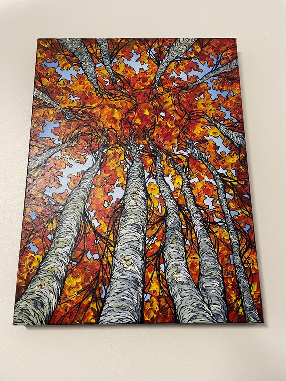 18x24” New England Fall Foliage Flaming Birch Sky Looking Up Into the Trees painting by Tracy Levesque