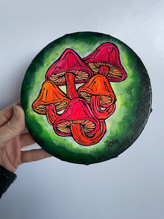 6” Round UV Reactive Fluorescent Neon Mushroom Fabulous Fungi Original Acrylic painting by Tracy Levesque
